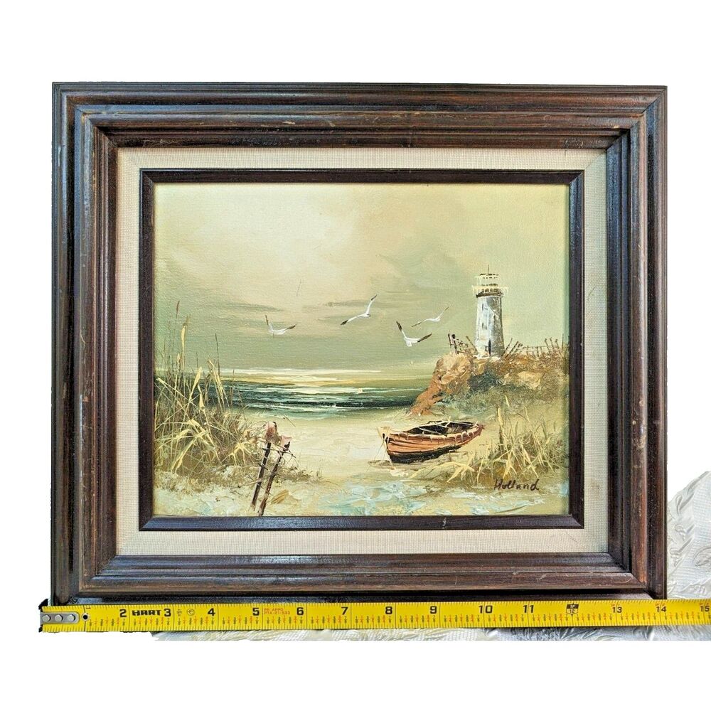 Lighthouse Beach Sea Coast 1960s Painting signed Holland | 12x14 Wood Frame